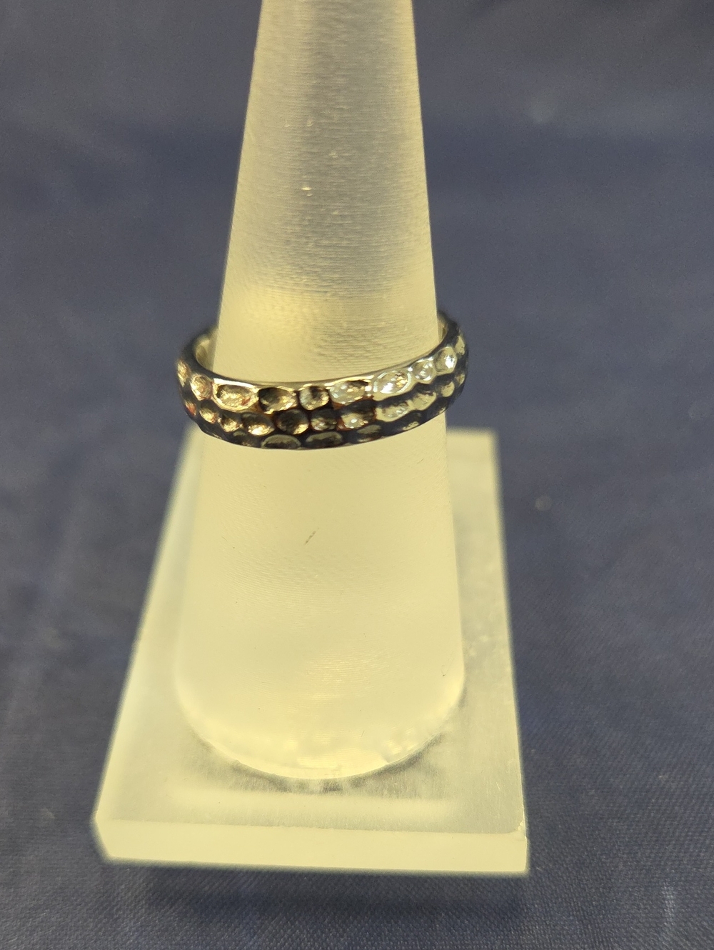 Silver-Tone Hammered Band Ring with Clear Accents